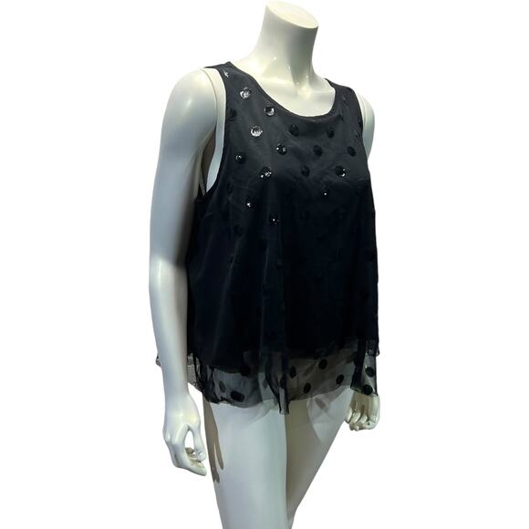 LOFT Black Sequin Polka Dot Sheer Layer Tank Top Party Evening Wear Large - Picture 12 of 14